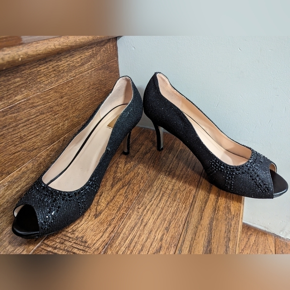 K&M (Kate & Mel) sparkly open toe black heels. size 9.5 - Picture 8 of 12
